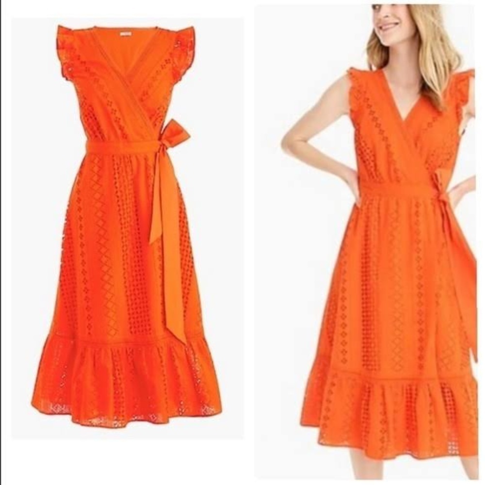 J. Crew All Over Eyelet Wrap Dress orange size 8 ruffle lace